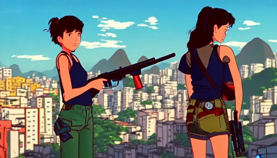 Image similar to 1 9 8 6 movie screencap of a girl with a gun on a rio de janeiro, gucci clothes, studio ghibli sky, beautiful favela background extremely utra high quality artwork 8 k