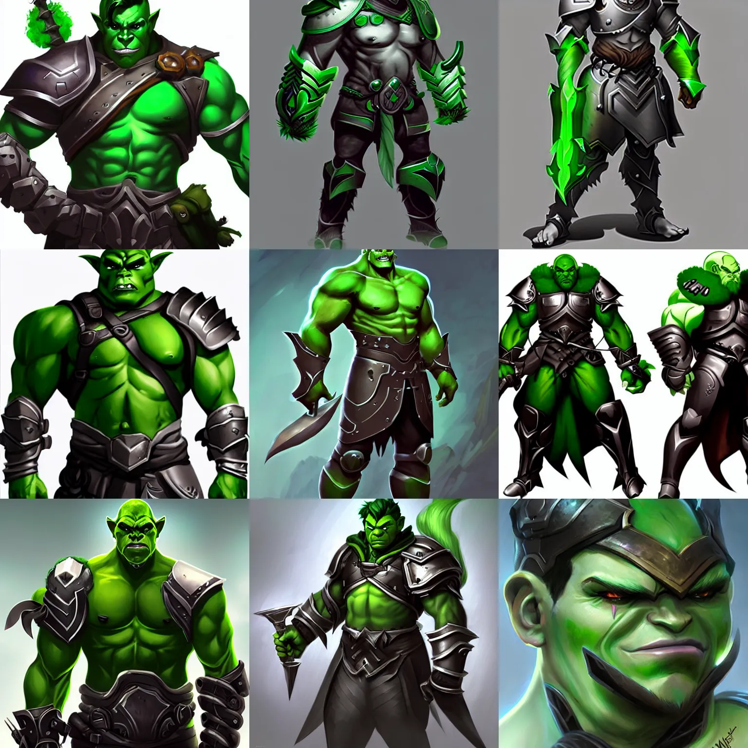 Prompt: concept art of male green half orc in plate armor video game characters head designs, unique hairstyles, overwatch by marc brunet and artgerm