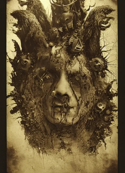 Image similar to old wetplate daguerreotype demons, devil, pain, anger, desolation, angel, divine, multiple faces, explosion of data fragments, fractal, intricate, elegant, highly detailed, parallax, leica, medium format, subsurface scattering, by jheronimus bosch and greg rutkowski and louis jacques mande daguerre