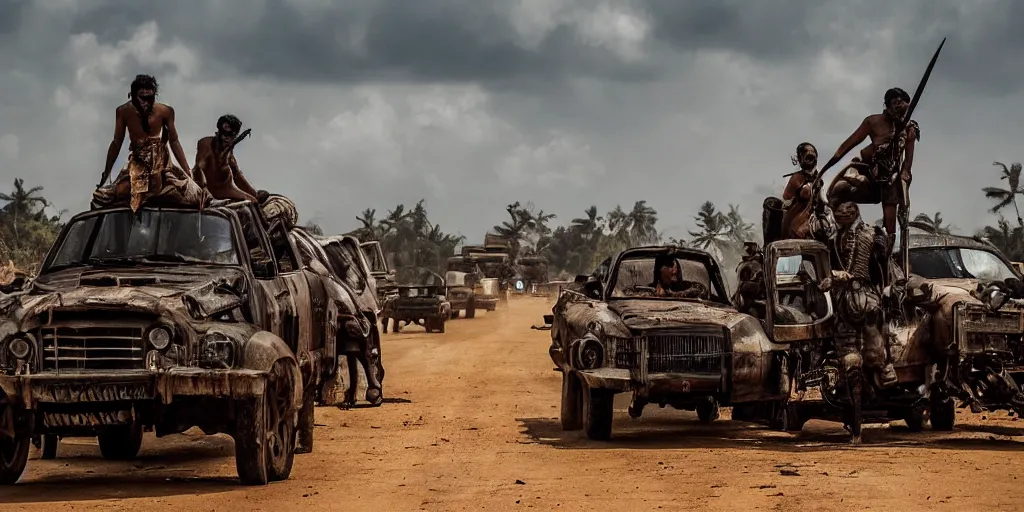 Image similar to sri lankan mad max style, film still, epic shot cinematography, rule of thirds