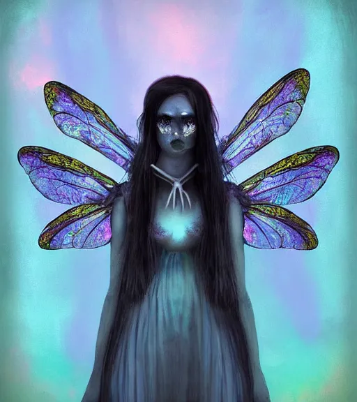 Prompt: gothic fairy with dragonfly wings, digital painting, liminal eerie midnight backlit, a picture taken by Michael Komarckand Daniel Dos Santos