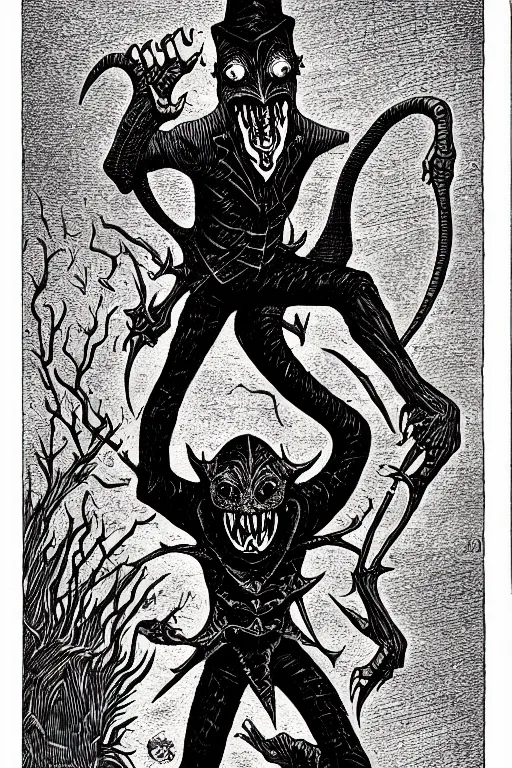 Image similar to spring - heeled jack as a d & d monster illustration, full body, pen - and - ink illustration, etching, by russ nicholson, david a trampier, larry elmore, 1 9 8 1, hq scan, intricate details, inside stylized border