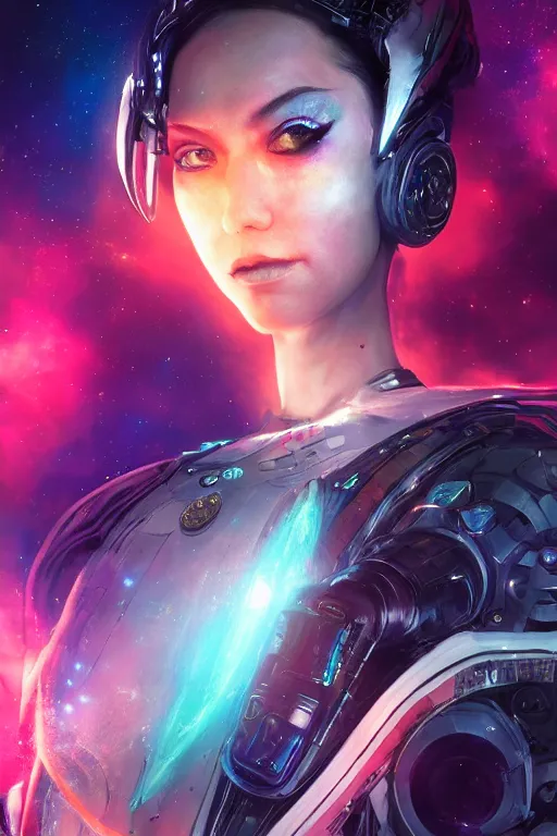 Prompt: a fancy portrait of a beautiful cyborg in space with a colourful nebula behind her by dustin nguyen, sung choi, mitchell mohrhauser, maciej kuciara, johnson ting, maxim verehin, peter konig, bloodborne, 8 k photorealistic, cinematic lighting, hd, high details, dramatic, dark atmosphere, trending on artstation