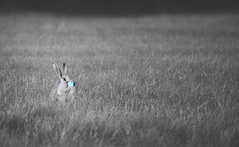 Prompt: Pentax K-1000, rabbit on the field, analogue photo quality, blur, unfocus, monochrome, 35mm