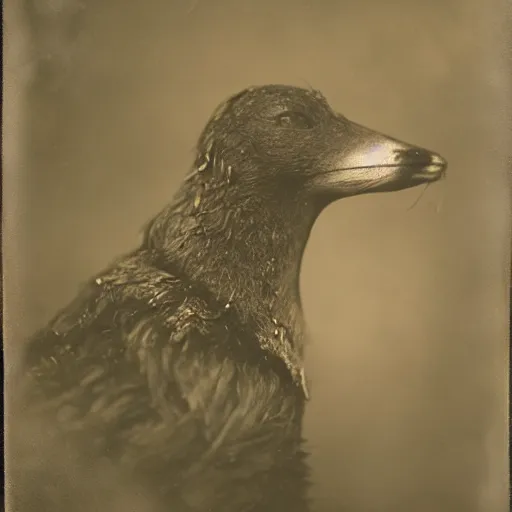 Prompt: ambrotype portrait of bedraggled seagull - fox creature wearing rain coat, 3 5 mm, f 2. 8, shallow depth of field, hand - tinted