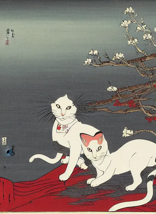 Image similar to whitecat with 2 baby white cats of utagawa hiroshige, digital painting 4 k uhd image, highly detailed