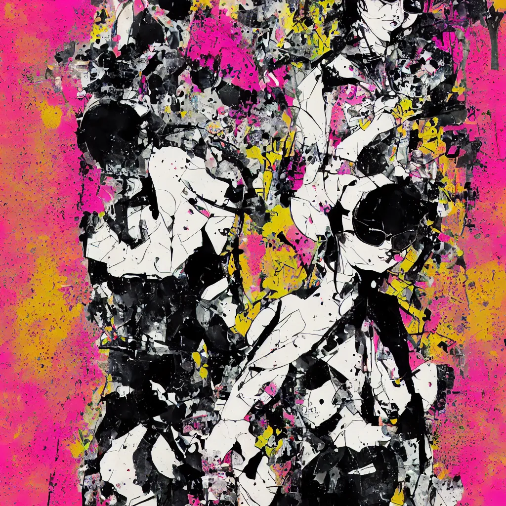 Image similar to girl figure, abstract, jet set radio artwork, ryuta ueda artwork, cryptic, rips, spots, asymmetry, stipple, lines, glitches, color tearing, pitch bending, stripes, dark, ominous, eerie, hearts, minimal, points, technical, natsumi mukai artwrok, folds