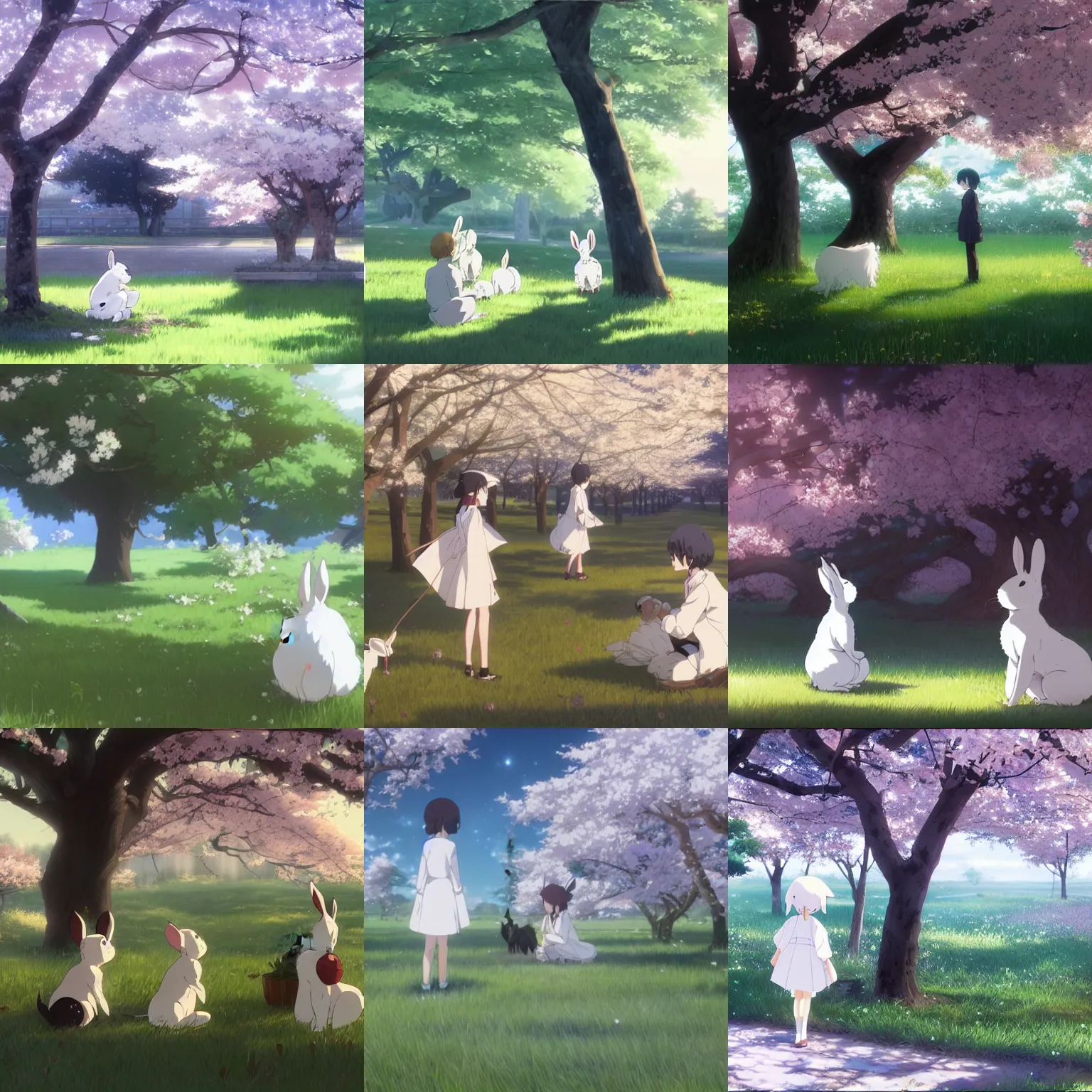 Prompt: A group of white rabbits under the cherry tree,Makoto Shinkai