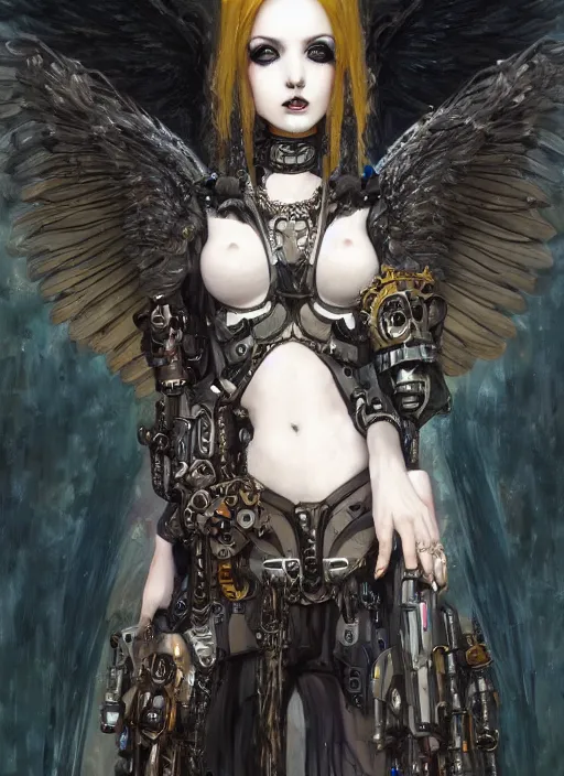 Image similar to portrait of cute beautiful young goth angel maiden with mechanical wings, cyberpunk, Warhammer 40000, gothic, highly detailed, artstation, illustration, art by Gustav Klimt