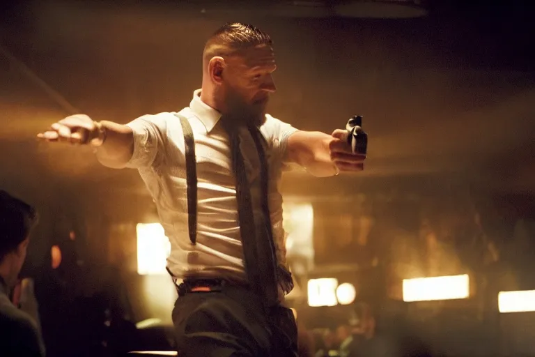 Image similar to film still of Tom Hardy as Max Payne in a nightclub with bright contrasting strobe lights in the Max Payne movie, 4k