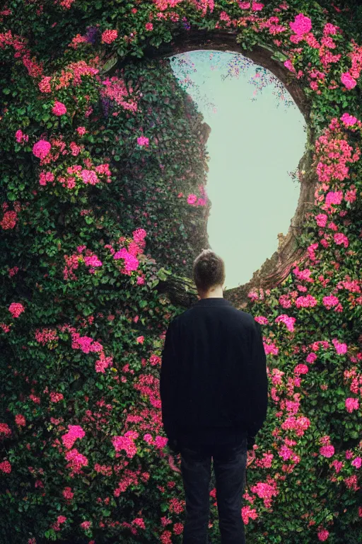 Image similar to kodak portra 4 0 0 photograph of a skinny guy looking into a otherworldly portal, flower crown, back view, vaporwave colors, grain, moody lighting, moody aesthetic,