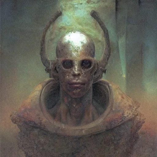 Prompt: portrait of swashbuckling albino alien :: clearly visible face :: leather armor with buckles and straps:: descending shaft into abandoned, ruined arcology :: 1970s science fiction painting by Rembrandt and Beksinski