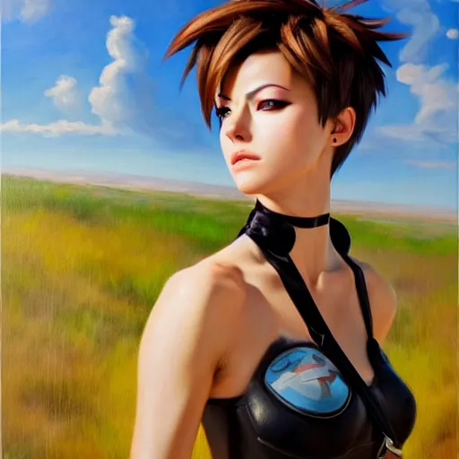 Image similar to oil painting of tracer overwatch in a field, in style of mark arian, expressive face, very detailed face, wearing black leather choker, very detailed eyes, full body, feminine face, detailed makeup on eyes,