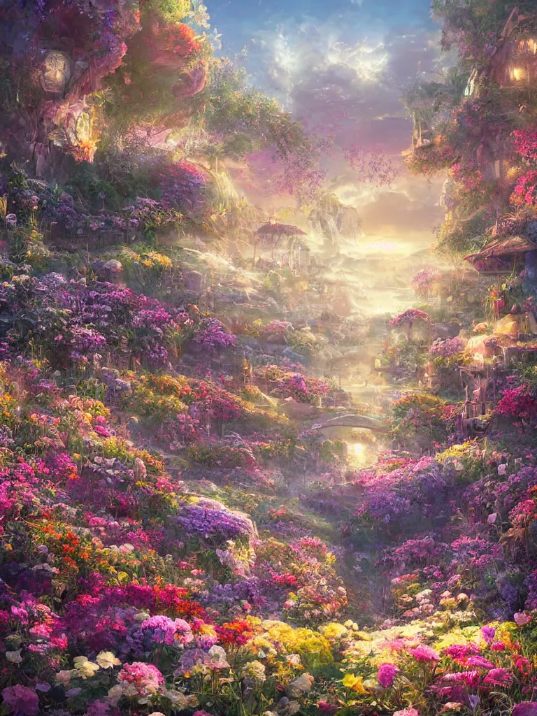 Image similar to a dream flower garden near a seaside harbor environment where one draws mystical energy into their lives, background art, pristine concept art, small, medium and large design elements, golden hour, in the style of WLOP and Ross Tran