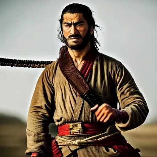 Image similar to handsome and strong! kurdish! samurai in a movie directed by christopher nolan, movie still frame, promotional image, imax 7 0 mm footage, perfect symmetrical facial features