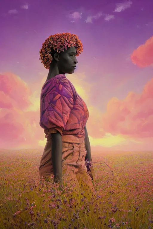 Prompt: closeup, massice flower as head, an african woman in heather field, surreal photography, golden hour, colorful clouds, impressionist painting, digital painting, artstation, simon stalenhag