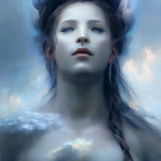 Prompt: a painting of a cloud goddess with clouds around her, a hyperrealistic painting by Raymond Swanland, featured on cgsociety, fantasy art, daz3d, artstation hd, hyper-realistic