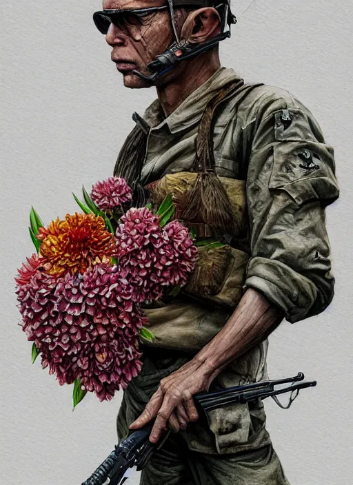 Image similar to handmade character portrait of a vietnam war american soldier covered in amaratyllis, hydrangea, chrysanthemum and hyacinth, in the style of artgerm and enki bilal and bastien lecouffe - deharme, wlop, line art, watercolor, cinematic lighting, hyperdetailed, hyperrealistic