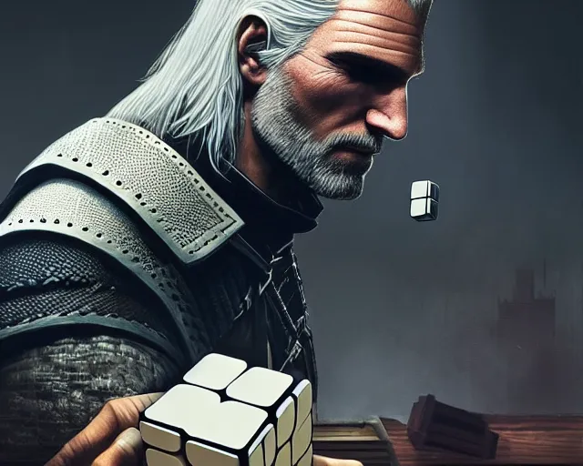 Image similar to 5 5 mm portrait photo of geralt trying to solve a rubix cube. magical atmosphere. art by greg rutkowski. highly detailed 8 k. intricate. lifelike. soft light. nikon d 8 5 0.