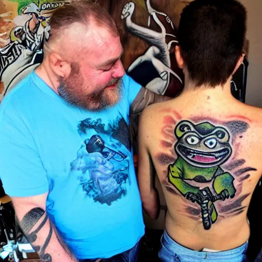 Prompt: Laughing caveman tattooing Crazy Frog on the back of a biker