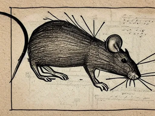 Prompt: highly detailed blueprint, technical drawing of a rat, schematic, pencil, sepia, old paper, art by da vinci