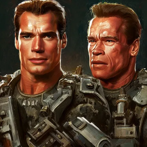 Prompt: Henry Cavill and Arnold Schwarzenegger as soldiers, closeup character art by Donato Giancola, Craig Mullins, digital art, trending on artstation