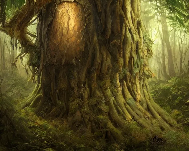 Prompt: a talking tree, a face in the bark, big eyes, fantasy concept art, oil painting, hyperrealistic, highly detailed, artstation, cgsociety, in the forest