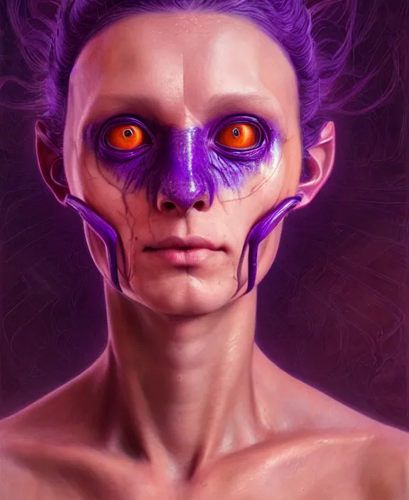 Prompt: intricate purple and orange portrait of a disturbing beautiful alien insect creature, mottling coloring, adorable, childlike, medical equipment hospital environment, ultra realistic, concept art, art nouveau, photorealistic, octane render, 8 k, unreal engine. art by christopher marley and artgerm and greg rutkowski and alphonse mucha