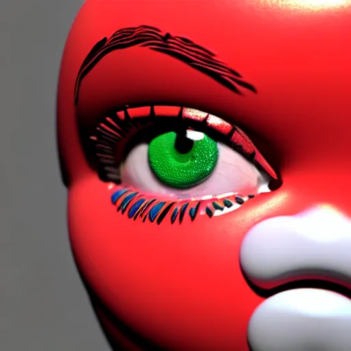 Image similar to 3 d render of the coke logo personified as a soda themed girl, large creepy eyes, extremely detailed and colorful eyes, soda themed girl, hyper detailed money sign pupils, tim burton, junji ito, her forehead has the coke logo carved into it, dollar sign pupils, extremely uncomfortable, money everywhere, cash falling, coke flood, blender 3 d, unreal engine