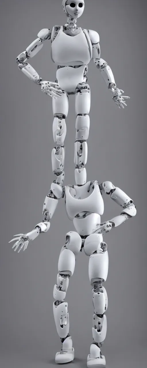 Image similar to standing in front of a white background is a highly realistic and detailed humanoid robot in human body form