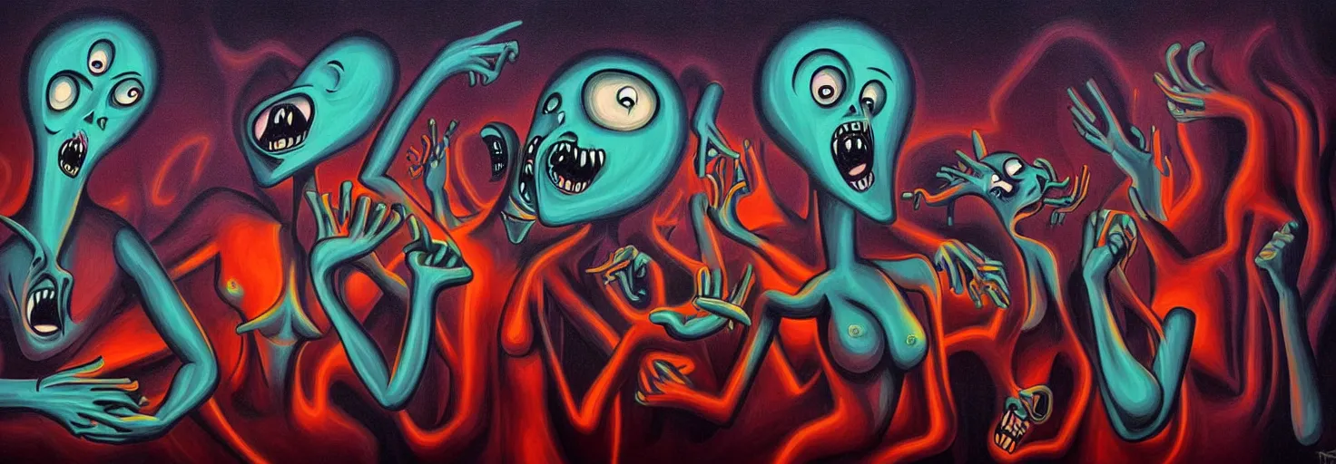 Image similar to visceral freaky monsters from the darkest depths of collective unconscious, dramatic glowing lighting, 1 9 3 0 s fleischer cartoon characters, wild emotional expressions - surreal painting by ronny khalil