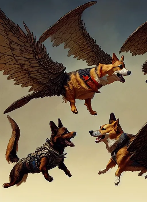 Prompt: masterpiece concept art, three corgis with wings, by greg rutkowski and geof darrow, 8 k, intricate detail, cinematic lighting