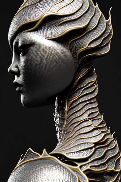 Image similar to bw close - up profile face, black background, beautiful young porcelain vegetal - dragon - cyborg - female, 1 5 0 mm, beautiful natural soft rim light, silver gold details, magnolia leaves and stems, roots, mandelbot fractal, elegant, ultra detailed, white metallic armour, octane render, h. r. giger style