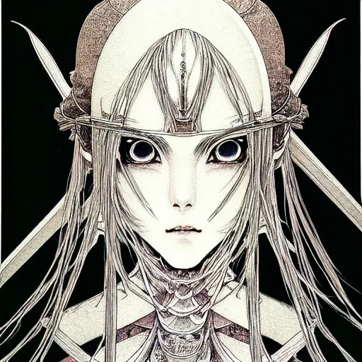 Image similar to prompt: Fragile looking vessel portrait soft light drawn by Takato Yamamoto, inspired by Fables, weapons around the face, ancient dark chrome knight armor, magical and alchemical objects on the side, soft light, white background, intricate detail, intricate oil painting detail, sharp high detail, manga and anime 2000