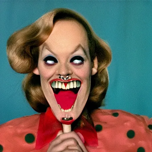 Image similar to Still from a John Waters film about a woman and an anthropomorphic tooth, color 1970