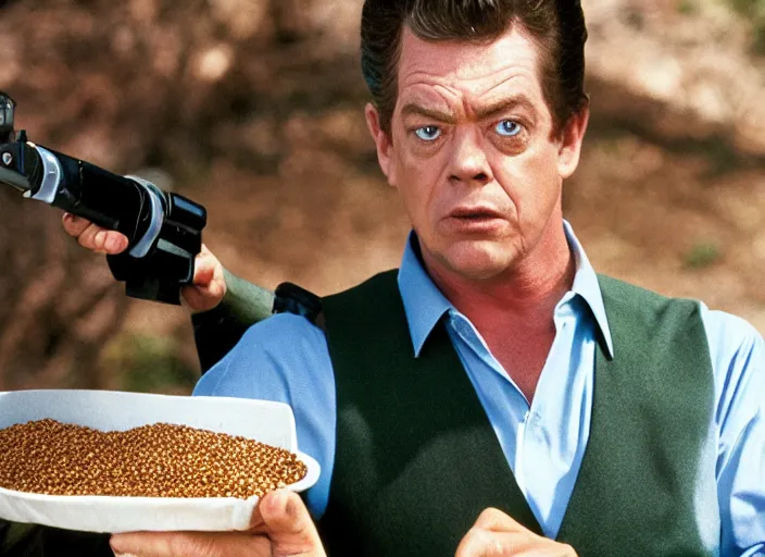 Image similar to shooter mcgavin, movie still, selling street corn, 8 k, realistic