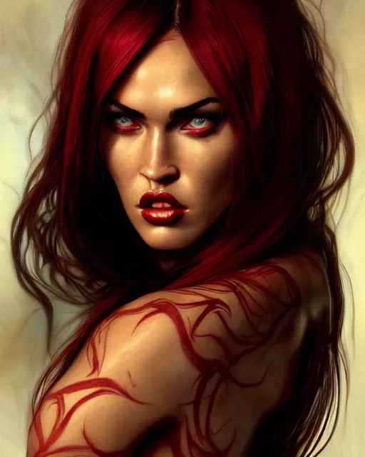 Image similar to portrait of red skinned megan fox as purgatori, vampire, horns, red skin, chaos comics, purgatori, coffin comics, hell, intricate, headshot, highly detailed, digital painting, artstation, concept art, sharp focus, cinematic lighting, illustration, art by artgerm and greg rutkowski, alphonse mucha, cgsociety