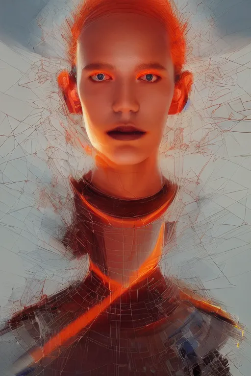 Image similar to 3 d, sci - fi, morning, fashion model face, sun, cinematic, face 3 / 4, lightning, clouds, vogue cover style, stanley kubrick, light red and orange mood, realistic painting, intricate oil painting, high detail, figurative art, multiple exposure, poster art, 3 d, by tooth wu and wlop and beeple and greg rutkowski