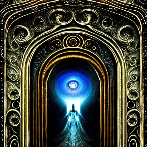 Image similar to majestic portal to another dimension, turbulent image of different time space, filigree details, divine lights, ethereal, sci fi, high detail, intricate, giger and klimt, photo realistic, 8 k