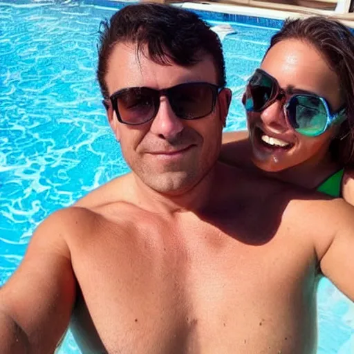 Image similar to photo of a 4 0 year old man that looks young for his age dating a very attractive 2 2 year old woman wearing a bikini. they are at a pool party.