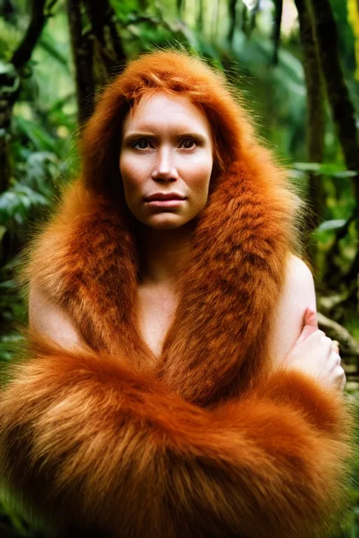 Image similar to a professional portrait photo of a neanderthal woman in the tropical jungles, ginger hair and fur, extremely high fidelity, natural lighting, national geographic magazine cover.