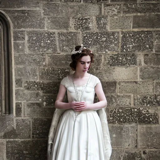 Image similar to close up photo of a beautiful young woman in a wedding dress with Canon 50mm/F1.4, dramatic daylight, downton abbey, bridgerton, 4k, featured on artstation