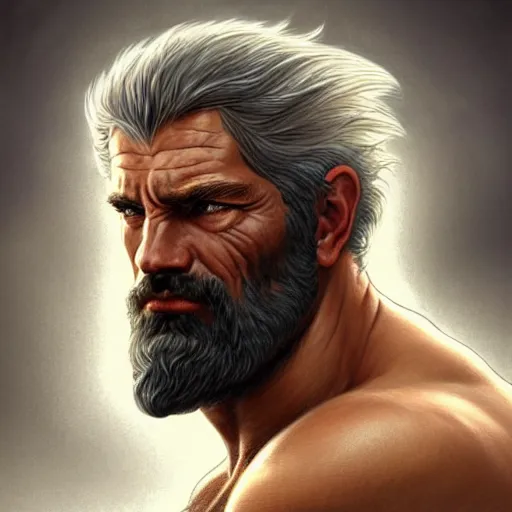 Image similar to portrait of rugged zeus, greek god, salt and pepper hair, soft hair, d & d, muscular, fantasy, intricate, elegant, highly detailed, digital painting, artstation, concept art, smooth, sharp focus, illustration, art by artgerm and greg rutkowski and alphonse mucha