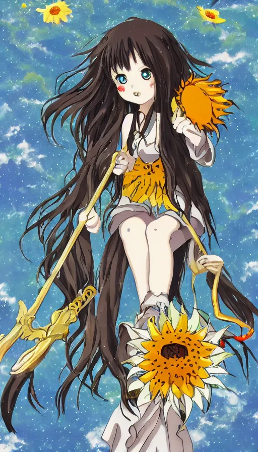 Image similar to the being death as a cute anime girl with a giant cute sun flower scythe from a studio ghibli film inspired by the death tarot card