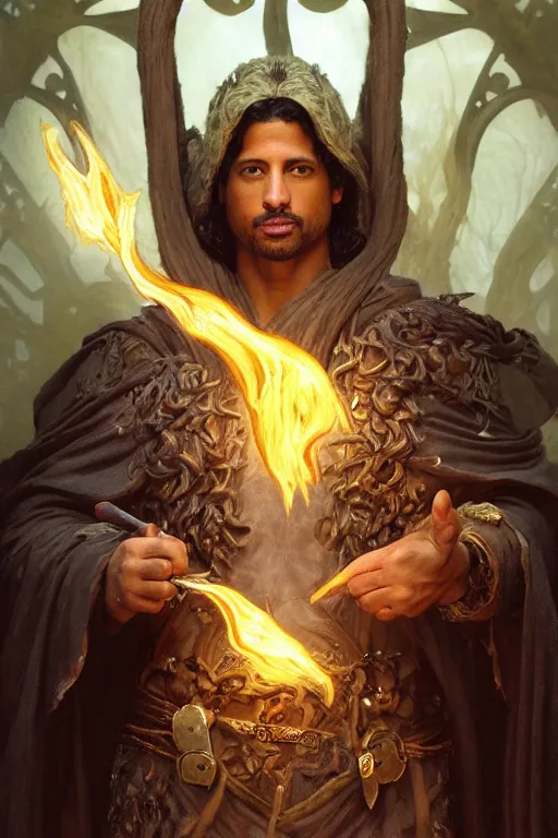 Image similar to Adam Rodriguez, druid, cleric, flame spell, burning hands, bicpes, muscular, D&D, fantasy, intricate, cinematic lighting, highly detailed, beautiful, digital painting, artstation, masterpiece, concept art, smooth, sharp focus, illustration, art by Artgerm and Greg Rutkowski and Alphonse Mucha and william-Adolphe Bouguereau