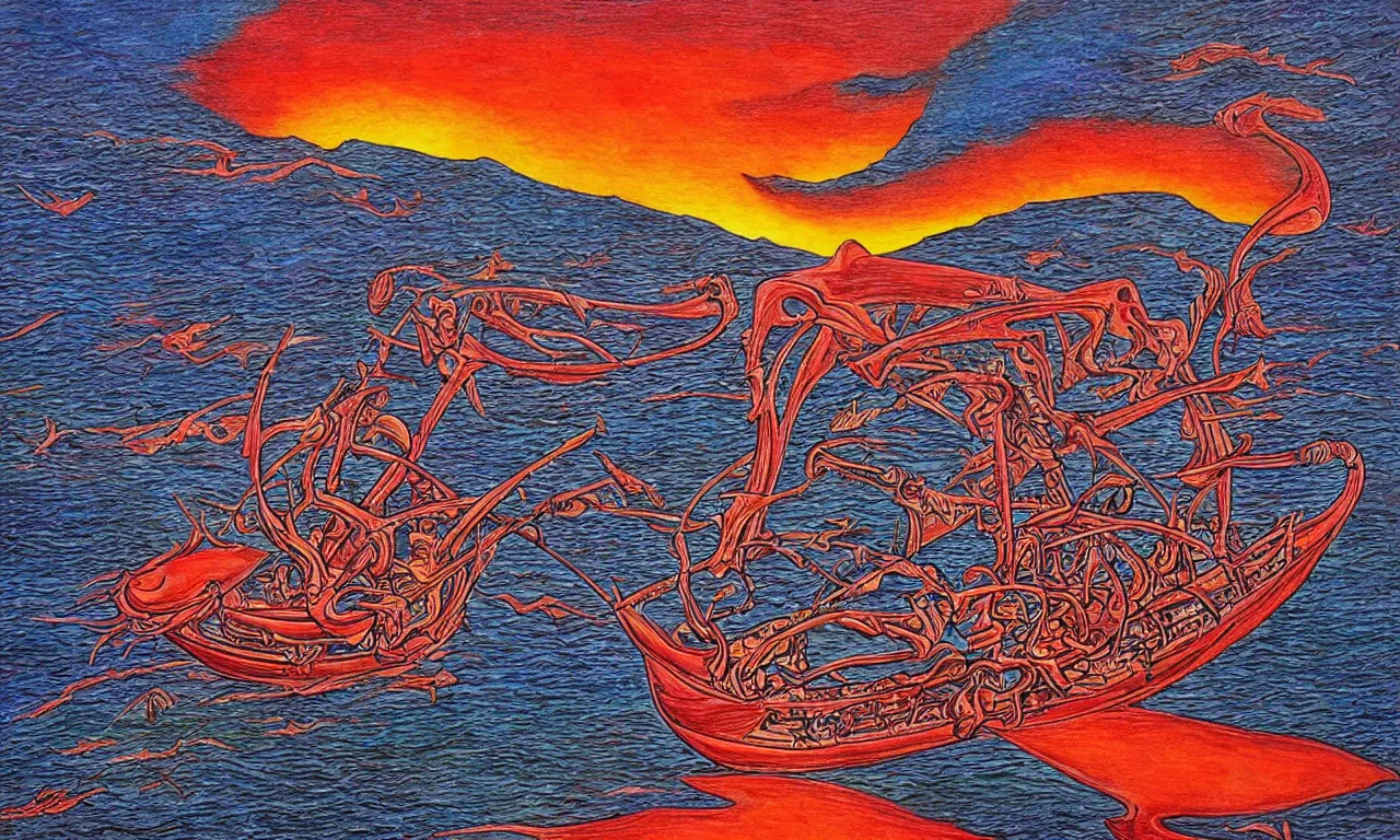 Prompt: fishing boat embarking on a sea of blood alex grey sunset elemental forces