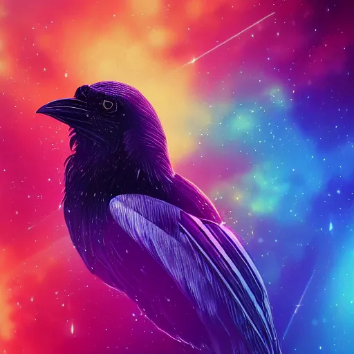 Image similar to portrait from a crow, feathers, bird, avian, wings, synthwave, universe background, nebula, galaxy, artstation