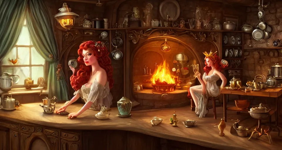 Prompt: a close - up of a fairy in a vintage magical kitchen, with a fireplace in the background d & d, fantasy, intricate, elegant, highly detailed, digital painting, artstation, concept art, smooth, sharp focus, illustration