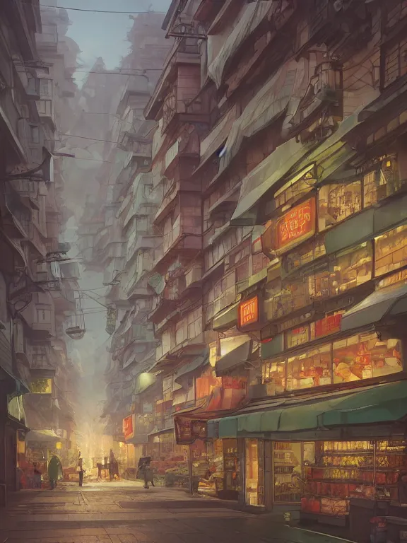 Image similar to A highly detailed matte painting of supermarket by Studio Ghibli, Makoto Shinkai, by Artgerm, by WLOP, by Greg Rutkowski, volumetric lighting, octane render, 4K resolution, trending on artstation, masterpiece