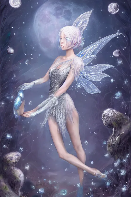 Prompt: a moon fairy dressed in intricate silver clothing surrounded by water particles above a serene pond, fantasy, wlop, trending on artstation, deviantart, anime key visual, official media, professional art, 8 k uhd